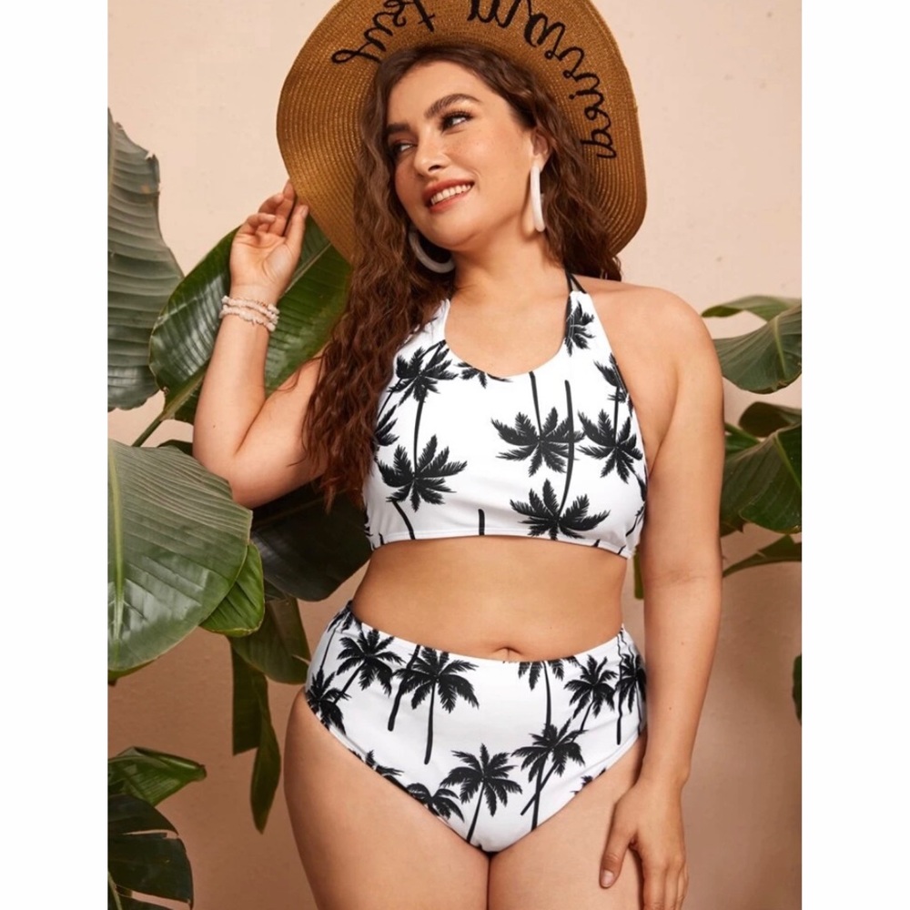 NWT Blk/Wht Palm Tree Print Halter Bikini